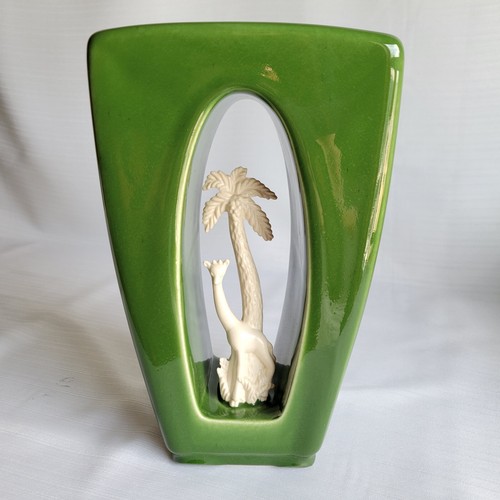 Howard Pierce Green Vase with Giraffe and Palm Tree Claremont California MCM