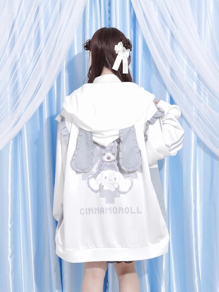 OFF WHITE Felpa con cappuccio Sanrio Cinnamoroll Jersey Ruffle con orecchio spento bianco Giappone cosplay limitato