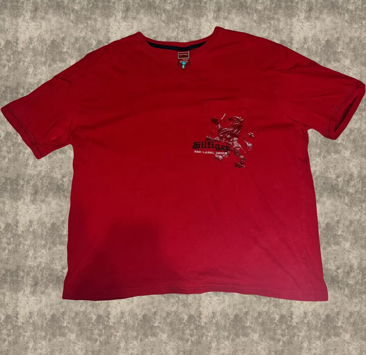 Vintage Tommy Hilfiger Red Label Denim Pocket T Shirt Dragon Logo Mens Size XXL