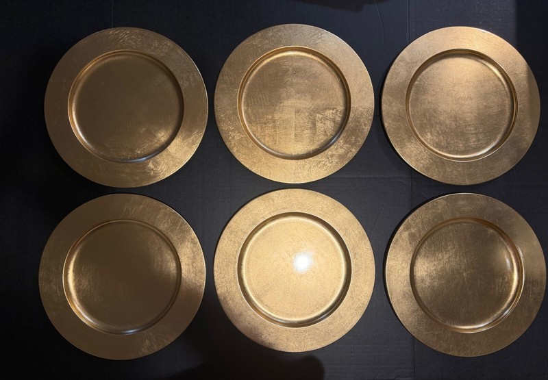 (6) Pier 1 Imports Charger Plates.  Hand applied gold alloy.  12.75” diameter.