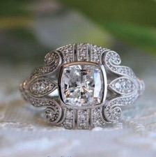 2.00ct White Cushion Cut CZ Art Deco Style Filigree Wedding 925 Silver Ring