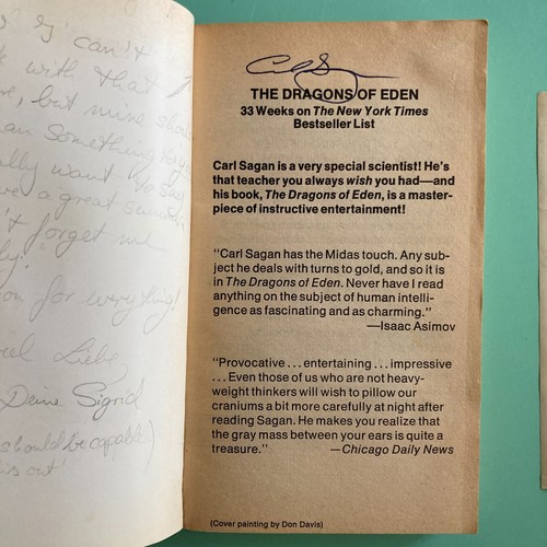 Carl Sagan Signed THE DRAGONS OF EDEN paperback book Aged Pages Cover Marks 1978 - Picture 4 of 11