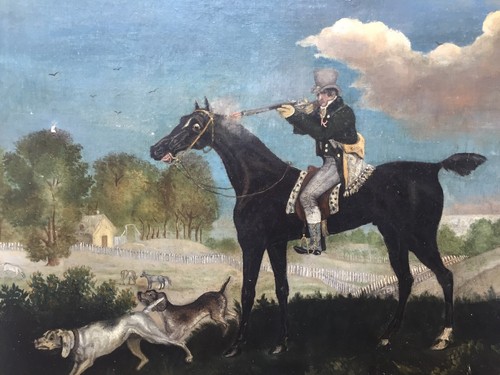 AMERICAN FOLK ART 19th Century Horse hunter Hunting Oil Antique painting Signed - Picture 2 of 11