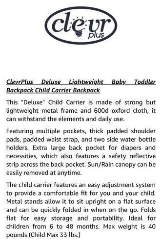 New! Clevr Plus Deluxe CRS600204 Baby\Toddler Backpack Child Carrier ~Green - Picture 10 of 20