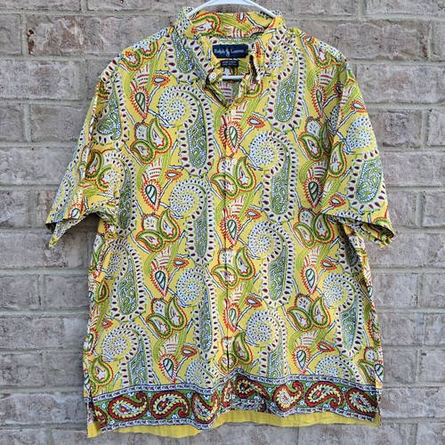 Vintage Ralph Lauren Bob Camp Men Yellow Paisley Hawaiian Button Up Size Large - Picture 9 of 9