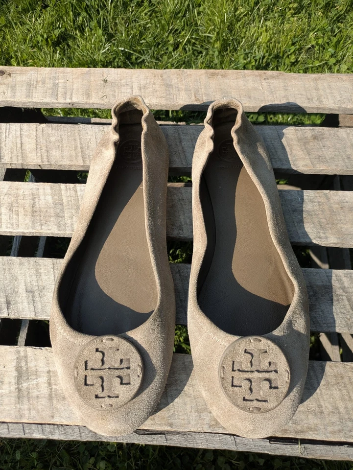 Tory Burch Minnie Gamuza Cuero Viaje Ballet Plano Tostado Talla 9.5-10 Medida 10.25" Foto 3 de 4