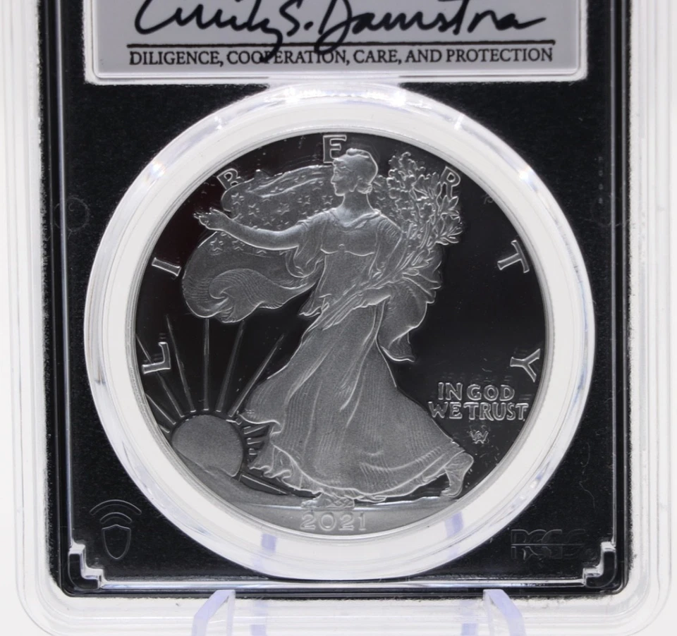 PCGS American Silver Eagle PRIMER DÍA EMISIÓN FIRMADA EMILY DAMSTRA PR70DCAM 2021 W Foto 4 de 4