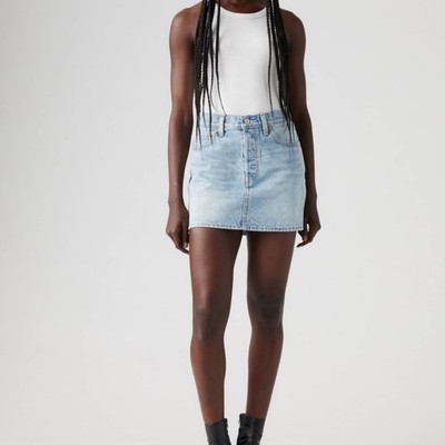 Moussy distressed, light-wash denim skirt classic five-pocket style $325 Size S