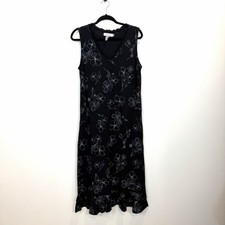 Fresh Produce Women  s XL Black Floral Midi Dress Lettuce Hem Cotton Sleeveless