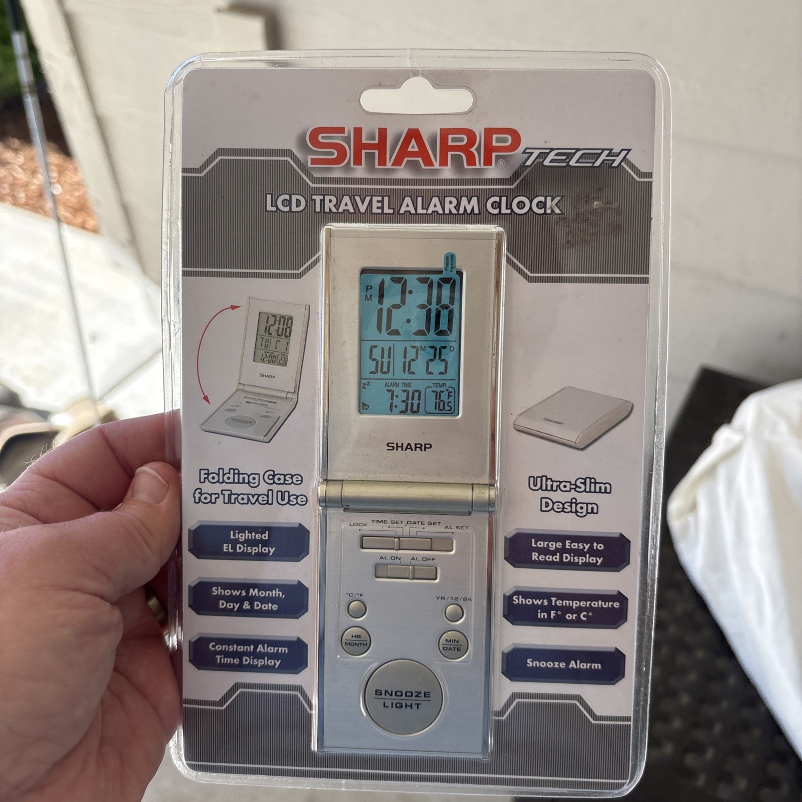 New Sharp Tech LCD Travel Alarm Clock Ultra-Slim Folding Case Silver Sealed