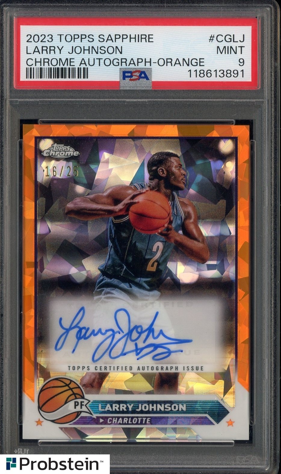 2023 Topps Chrome Sapphire Orange #CJLJ Larry Johnson AUTO /25 PSA 9 MINT