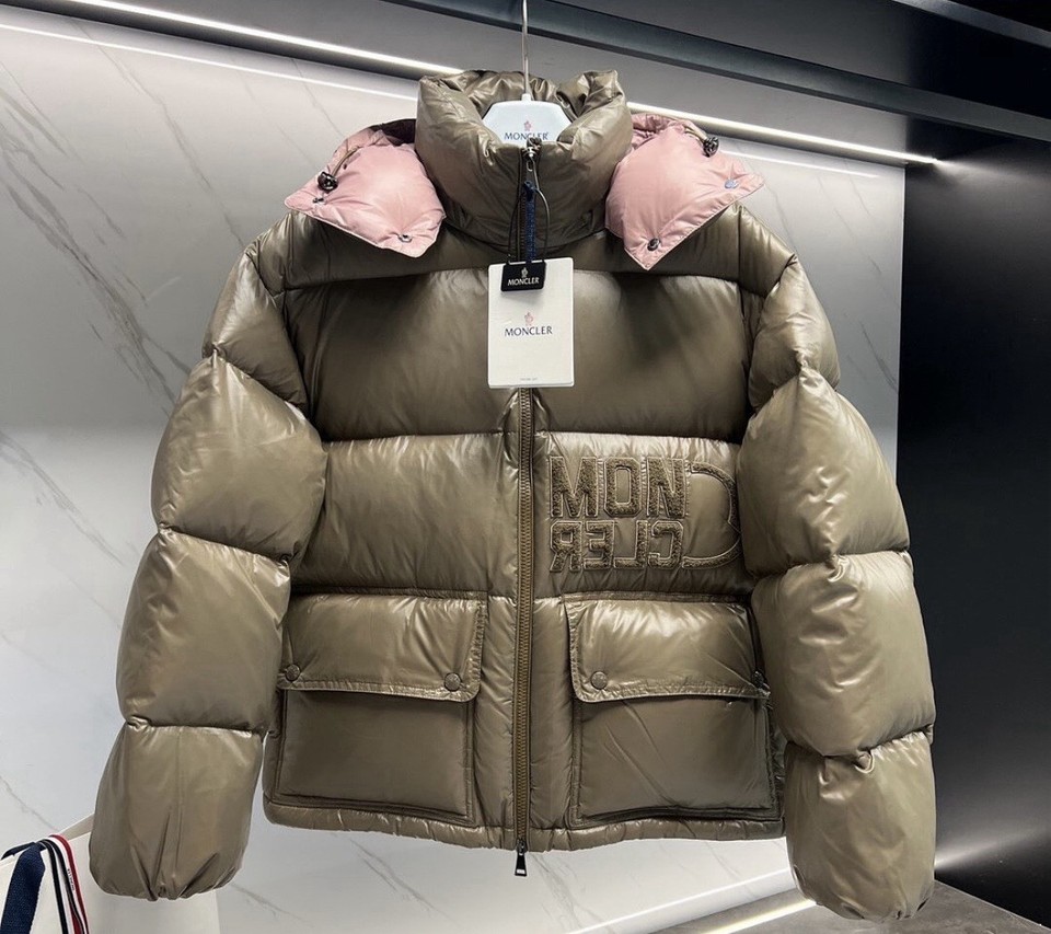 Moncler ABBAYE GIUBBO Hooded Down Puffer Jacket Full Zip Khaki/Pink Size 1