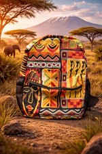 New African Backpack, Multi Color Ladies Pots Masks Bright Colors Tribal