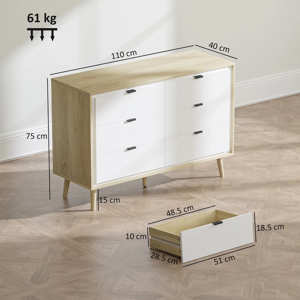 HOMCOM Comò con 6 Cassetti in Legno 110x40x75 cm Bianco Lucido e Rovere - Immagine 4 di 4