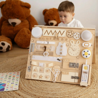 Doppelseitiges Vorschule Holz Montessori Busy Board mit Zeichnung sensorisches Spielzeug Zum Selbermachen