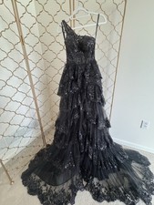Sherri Hill Size 0 Black Sequin Lace Sweetheart Spaghetti Strap Long Gown