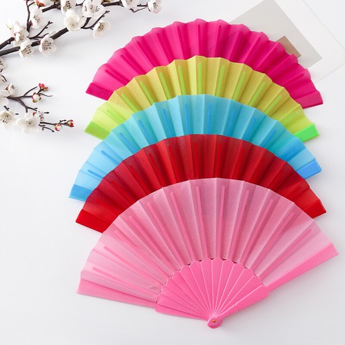 Plastic Folding Hand Fan Cloth Plain Color Wedding Favours Party Dancing Fan - Picture 2 of 24