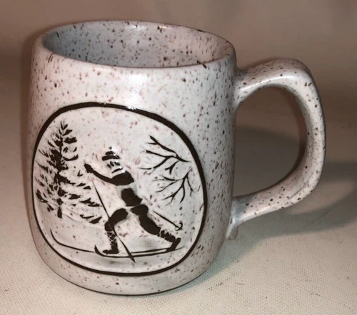 (2) Vintage Onion River Pottery Coffee Tea Mug Cup Stoneware Redware Ski Skier