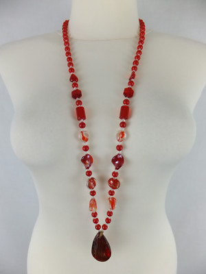 Halskette mit Muranoglas neu Modeschmuck rot goldfarbener Glitzer Hippie Boho