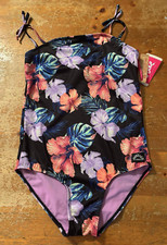 NWT JUSTICE Retro Surf 1 Pc girls Tie Strap Black Tropical UPF 50 sz.XL 16-18