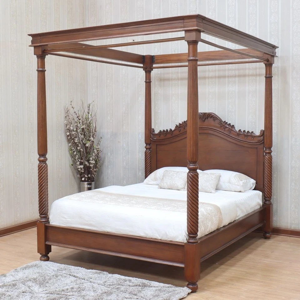 Solid Mahogany Hand Carved Georgian Four Poster Canopy Bed Low Footboard B042 - Image 2 of 4