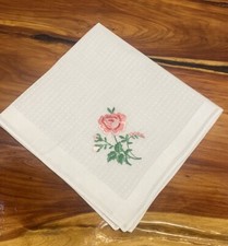 Seward Hankie White Cotton Pink Rose Embroidered in Australia