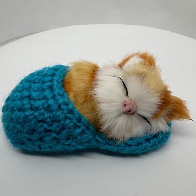 Sleeping Cat Figurine Realistic Kitten in Crocheted Blanket Collectible Decor