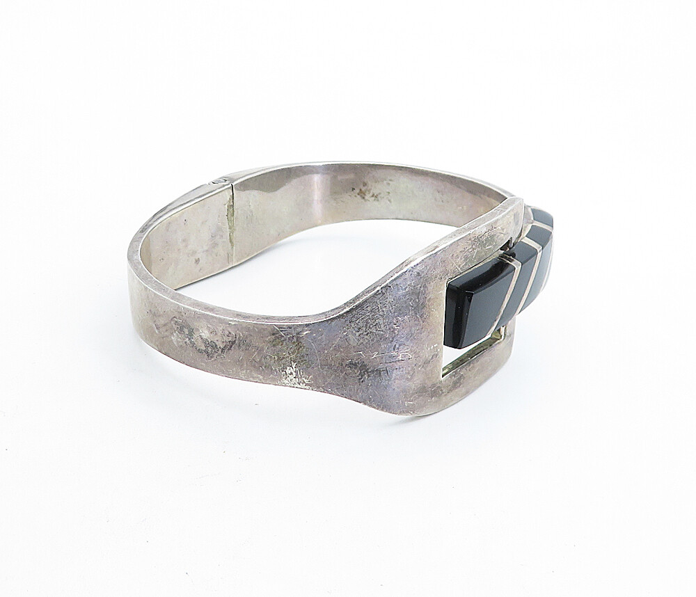 MEXICO 925 Silver Vintage Inlaid Black Onyx Buckle Bangle