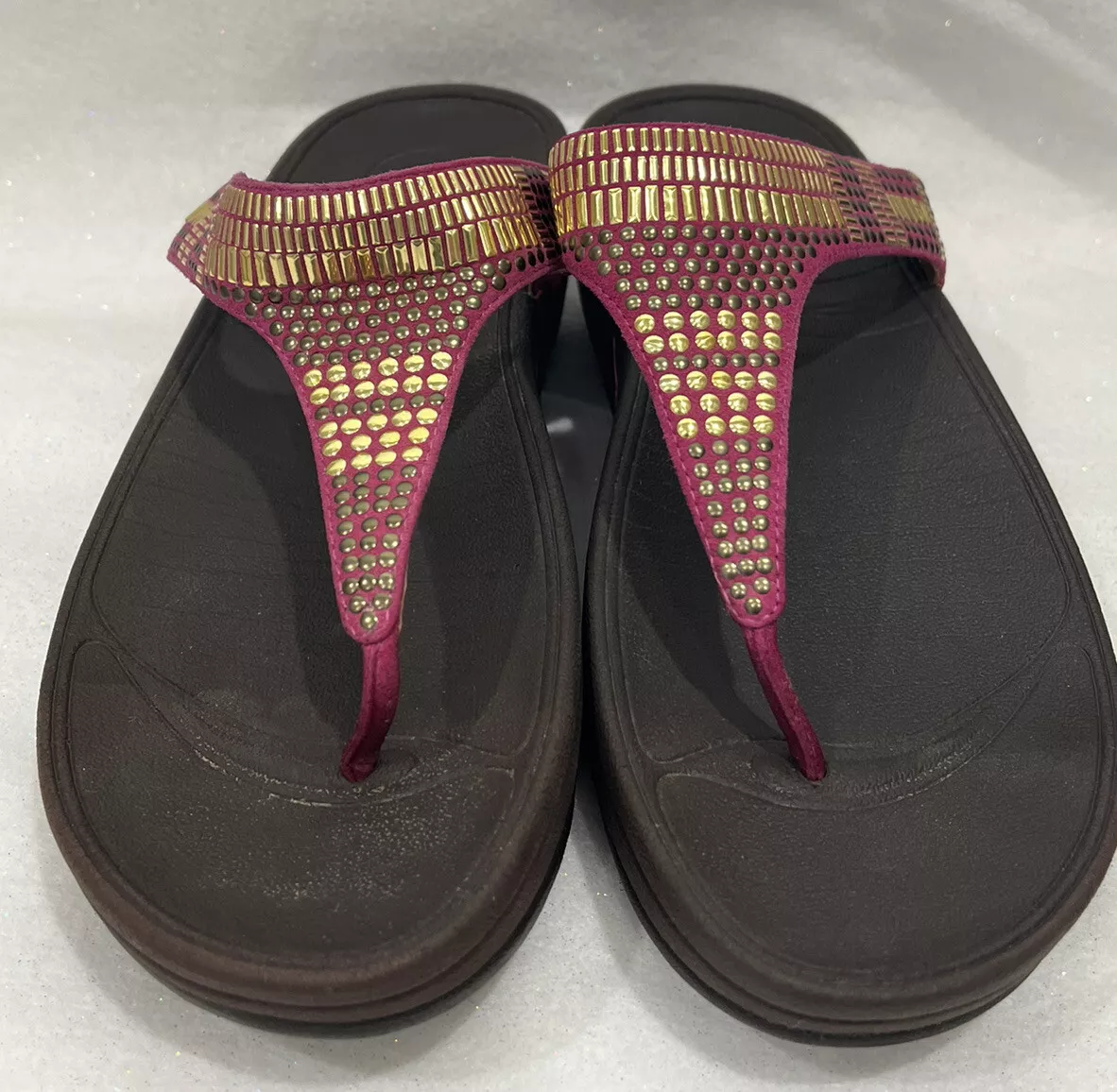 Fitflop Aztek Chada Pink Gold Leather Thong Flip Flop Women s 8 eBay
