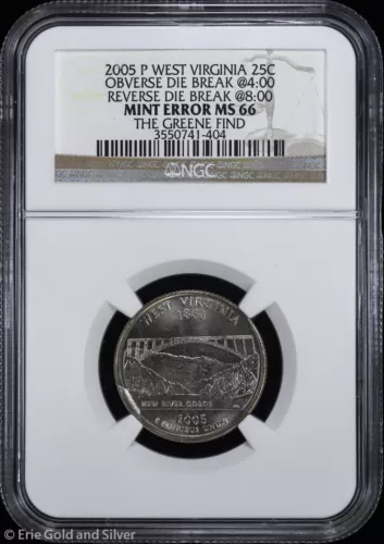 2005-P 25c West Virginia State Quarter NGC MS 66 | Obv Rev Die Break Greene Find