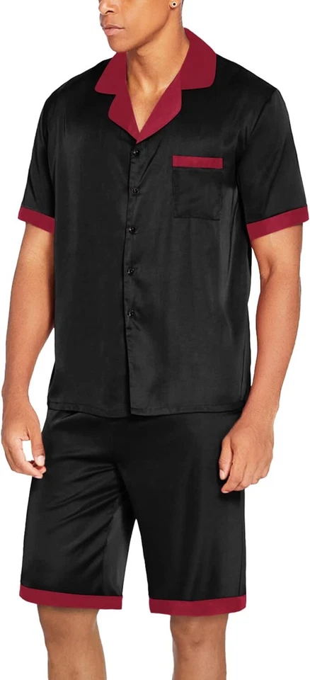 Conjunto de pijama masculino de seda cetim 2 peças shorts com botões e bolsos P-3XL verão - Imagem 2 de 4