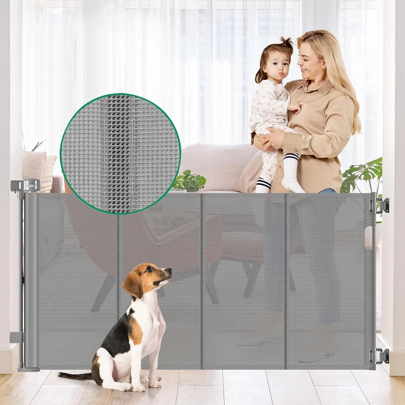 56 Inch Retractable Dog Baby Gate Gray Indoor