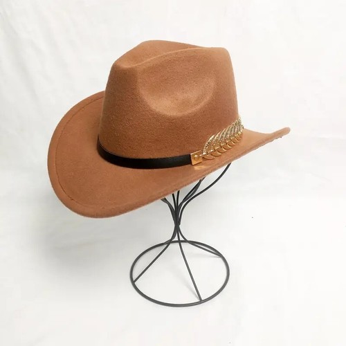 Camel, Light Brown,Western Cowboy Cowgirl Hat Felt, Fedora with Gold Leaf Accent - Picture 3 of 4
