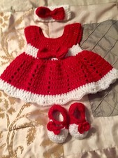New Handmade Crochet Christmas Dress W Headband Shoes. 0-3 Months