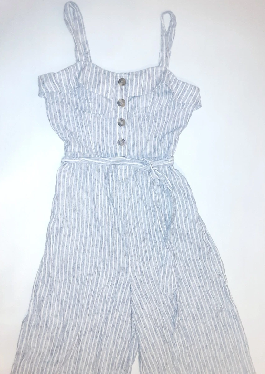 American Eagle Blue grey And White Striped Wide Leg Jumpsuit Sz 4