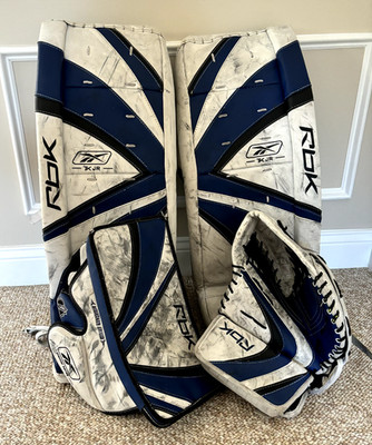 Ice Hockey Reebok Goalie Pads 31 Inch and Gloves 7k Jr. Blue White, FULL SET