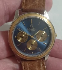 RARE Vintage ELGIN Chronograph #FS416, 2 Tone Blue Dial Quartz, New Battery NICE