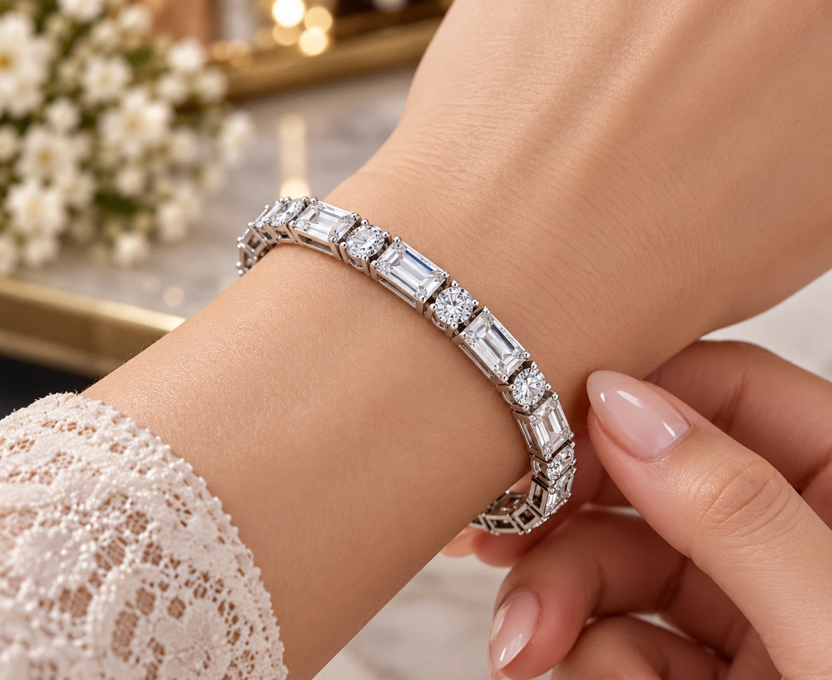 Baguette & Round  Diamond Round Cut Wedding Bracelet 10K White Gold 9.00 CT