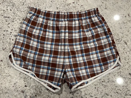 Vintage 60s Swim Trunks Checkered Blue & Brown Tag Large? Measures (30-36) - Picture 1 of 8
