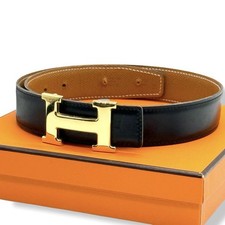 Auth HERMES Constance H Belt Size 65 Black Gold Reversible Box Calf
