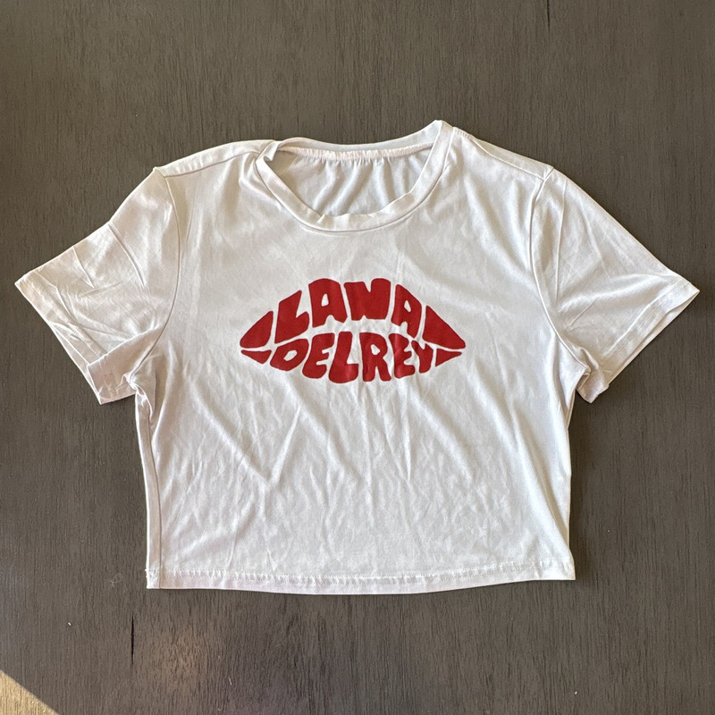 Women’s Lana Del Rey Graphic Print Crop Top Stretch Tee White/Red L