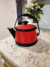 Vtg 1940's Vollrath KOOK KING RED Enamelware TEA KETTLE Art Deco POT  LARGE