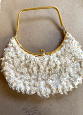Vintage White Hand-Beaded Clutch Evening Bag W/Gold Clasp Handmade in Hong Kong.