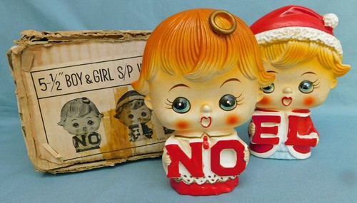 Vintage Lipper Mann Junge & Mädchen Noel Weihnachten Salz und Pfefferstreuer Japan IOB