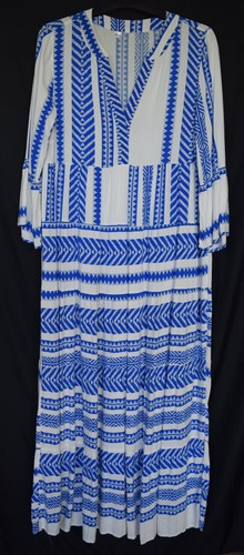 Langes Sommer-Kleid weiß blau Muster Gr. 38/40 mediterran Viskose 3/4Ärmel