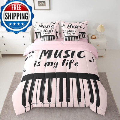 Feelyou Music 7 Pieces Bedding Set Twin Size Light Pink Comforter Set Sheets