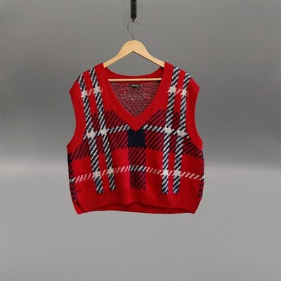 Wild Fable Karo Strick Weste Rot Kariert Ärmellos Cropped Pullover L Y2K 3169