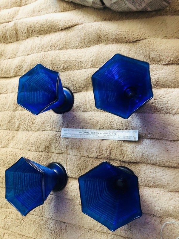 4 Vintage Art Deco Cobalt Blue Ribbed hexagonal Cocktail Glass Bar Décor 3.5x 4"