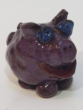 Miniature Small Purple Ceramic Pottery Pig, Handcrafted, Signed Dated, Blue Eyes