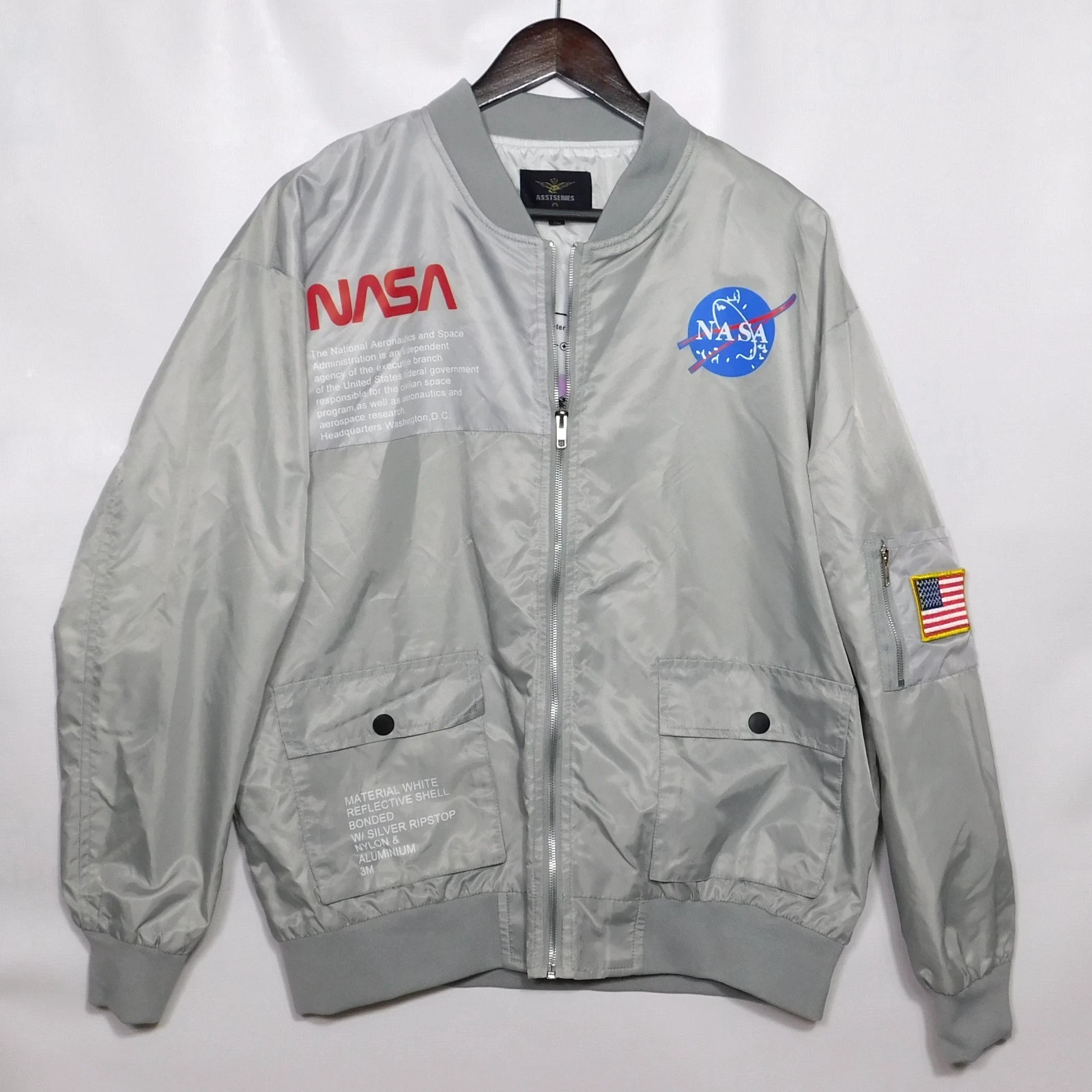 AsstSeries NASA Bomber Jacket Mens Mens XL Silver Streetwear Y2K Space Retro image 2